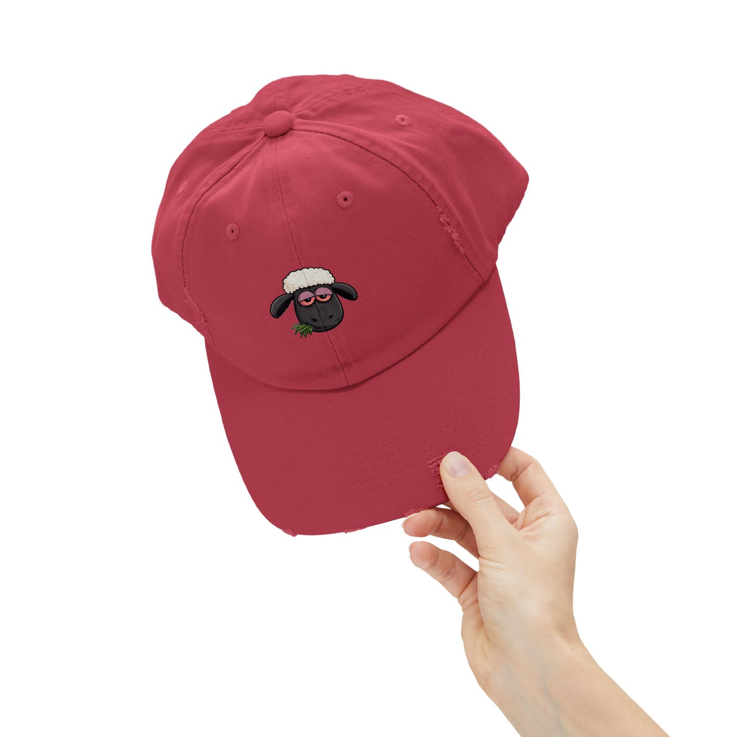 Distressed Black Cap with Sleepy Sheep Embroidery