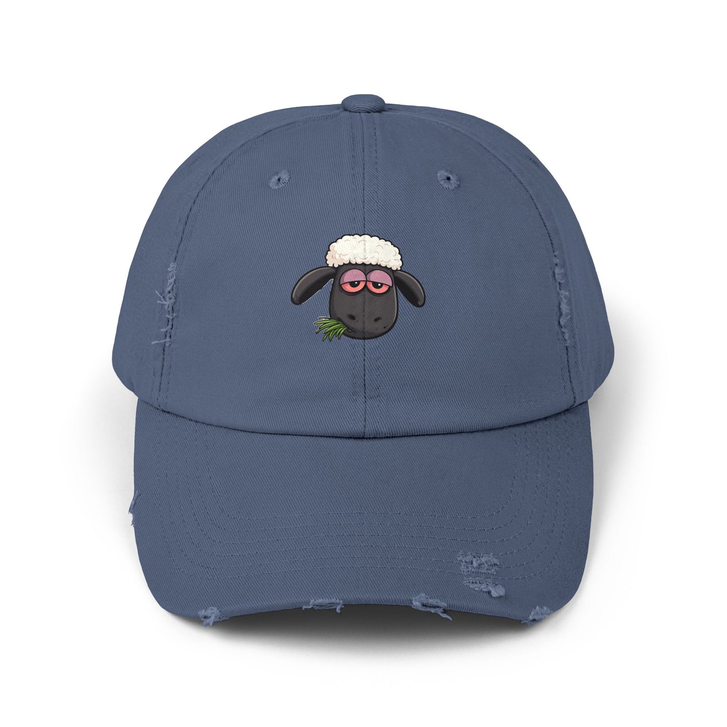 Distressed Black Cap with Sleepy Sheep Embroidery