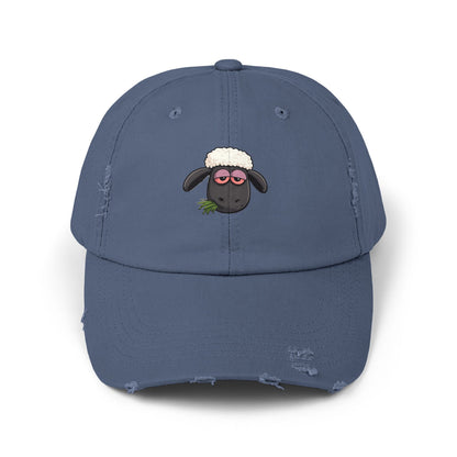 Distressed Black Cap with Sleepy Sheep Embroidery