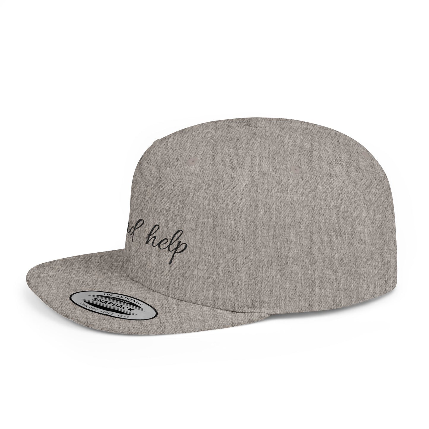 Flat Bill Snapback Hat — "Send help" Script Embroidered Cap