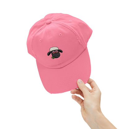 Distressed Black Cap with Sleepy Sheep Embroidery