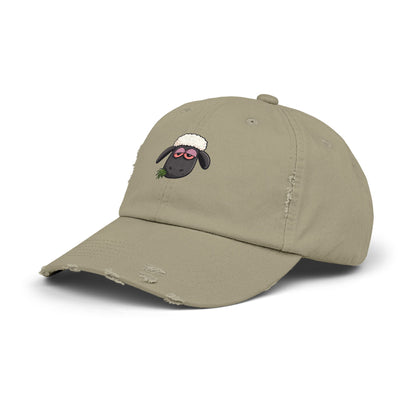 Distressed Black Cap with Sleepy Sheep Embroidery