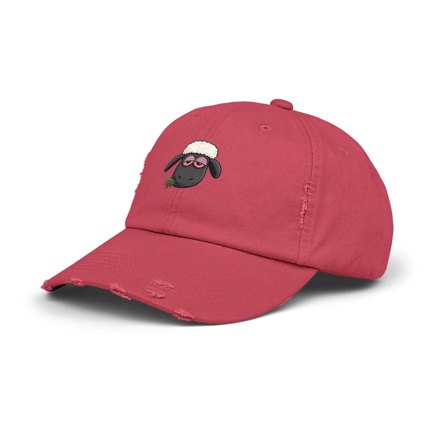 Distressed Black Cap with Sleepy Sheep Embroidery