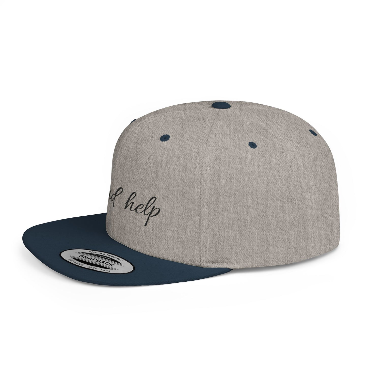 Flat Bill Snapback Hat — "Send help" Script Embroidered Cap