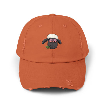 Distressed Black Cap with Sleepy Sheep Embroidery