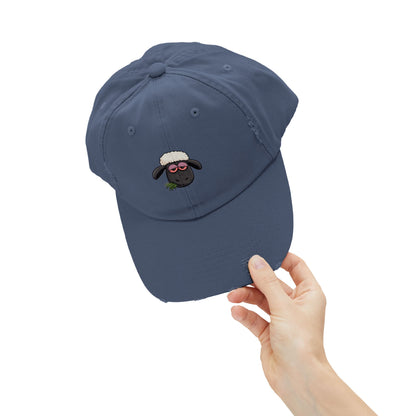 Distressed Black Cap with Sleepy Sheep Embroidery
