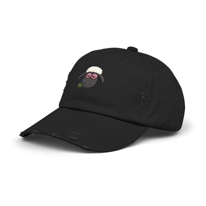 Distressed Black Cap with Sleepy Sheep Embroidery
