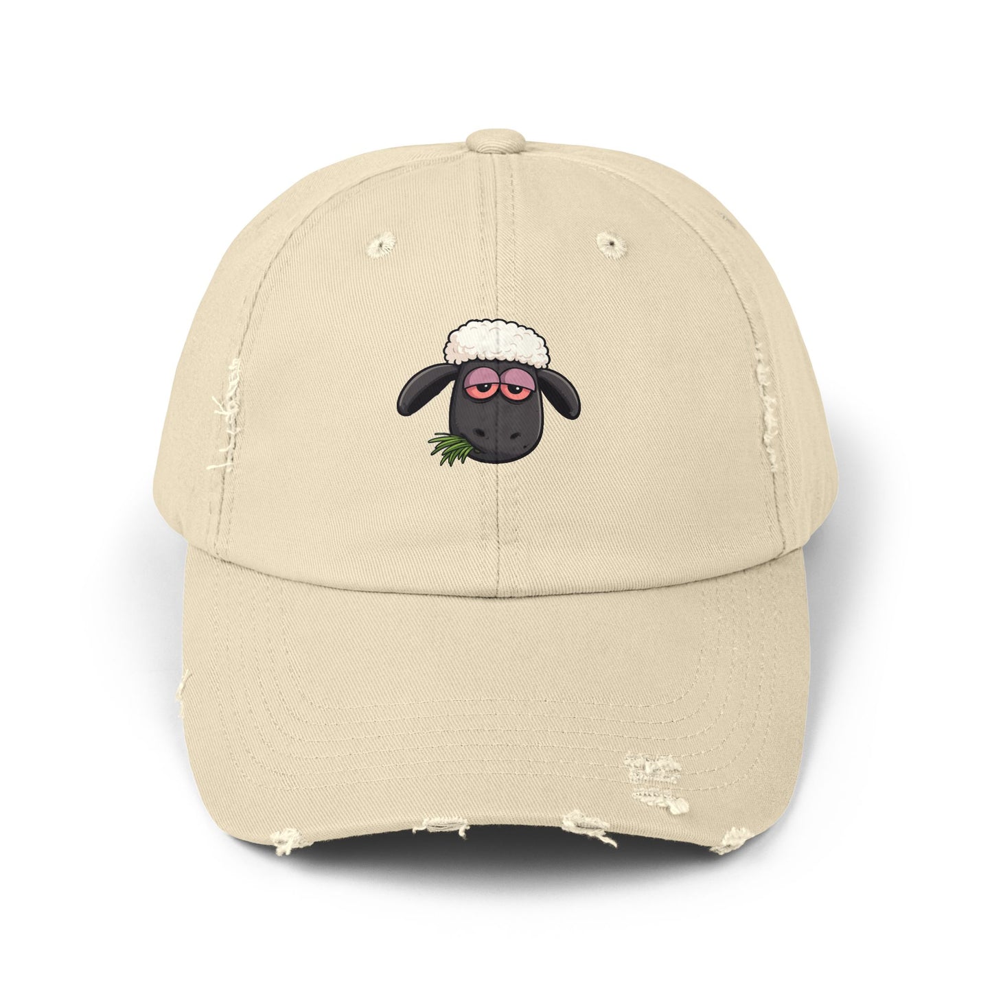 Distressed Black Cap with Sleepy Sheep Embroidery