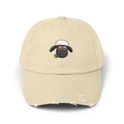 Distressed Black Cap with Sleepy Sheep Embroidery