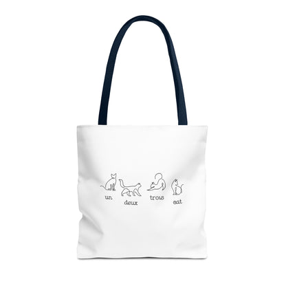 Cat Count Tote — minimalist "un, deux, trois" kitten illustration tote bag