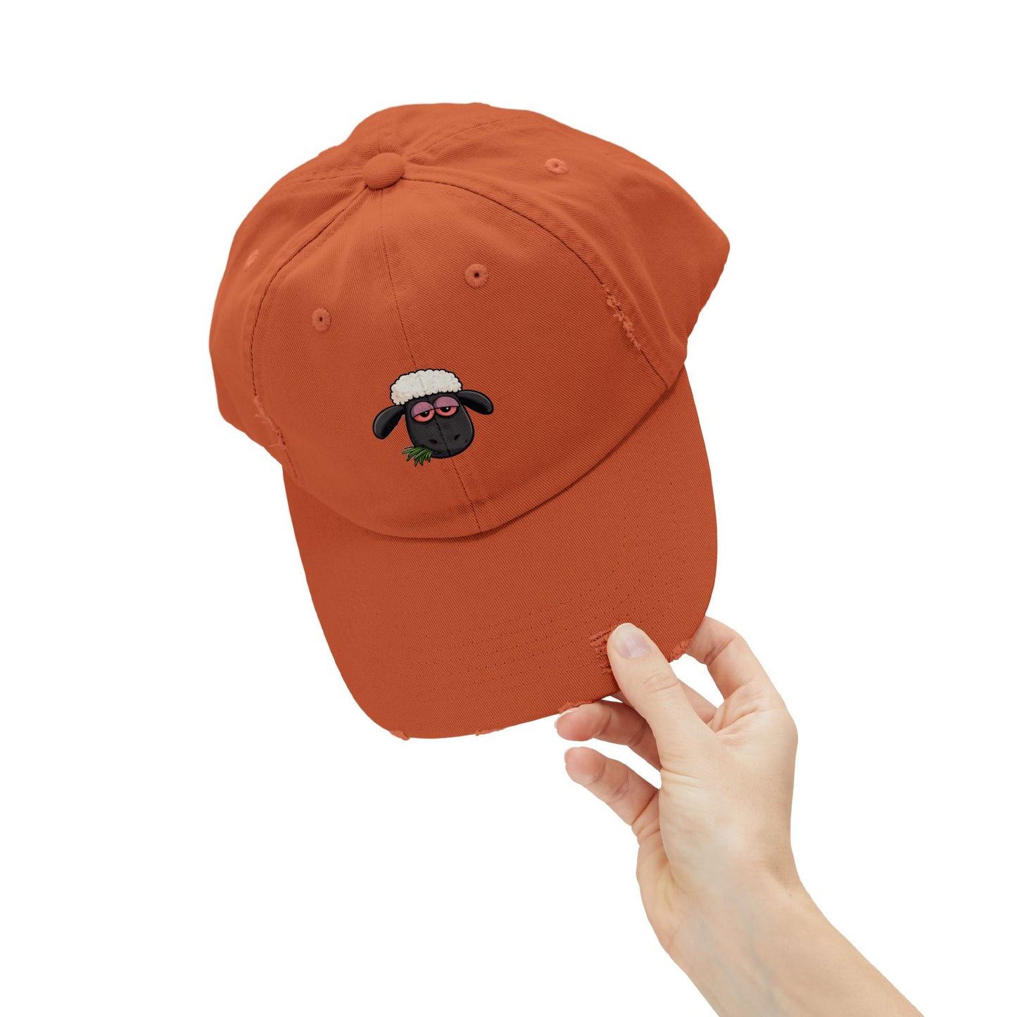 Distressed Black Cap with Sleepy Sheep Embroidery