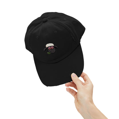 Distressed Black Cap with Sleepy Sheep Embroidery