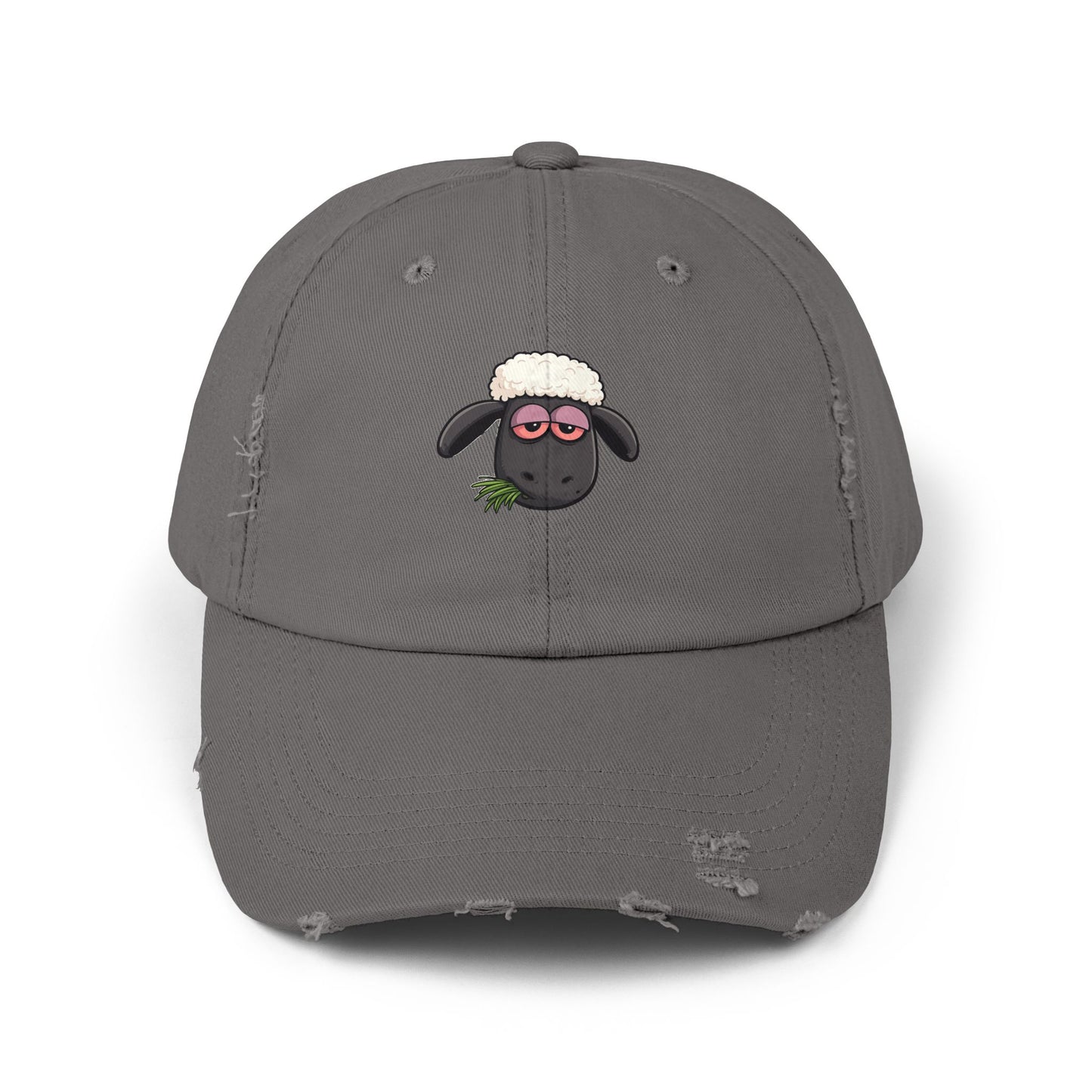 Distressed Black Cap with Sleepy Sheep Embroidery