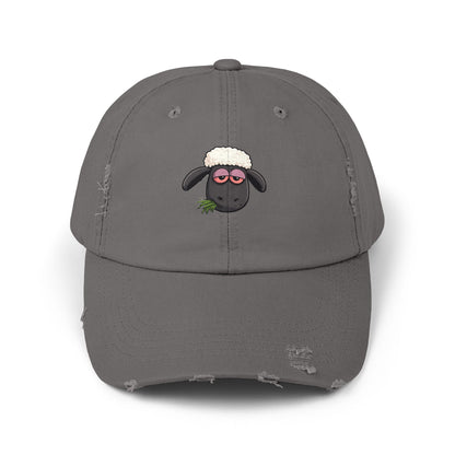 Distressed Black Cap with Sleepy Sheep Embroidery