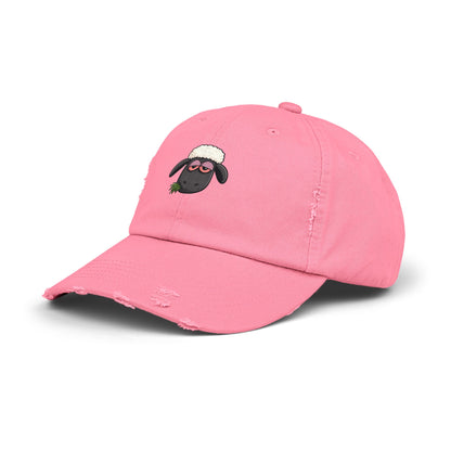Distressed Black Cap with Sleepy Sheep Embroidery
