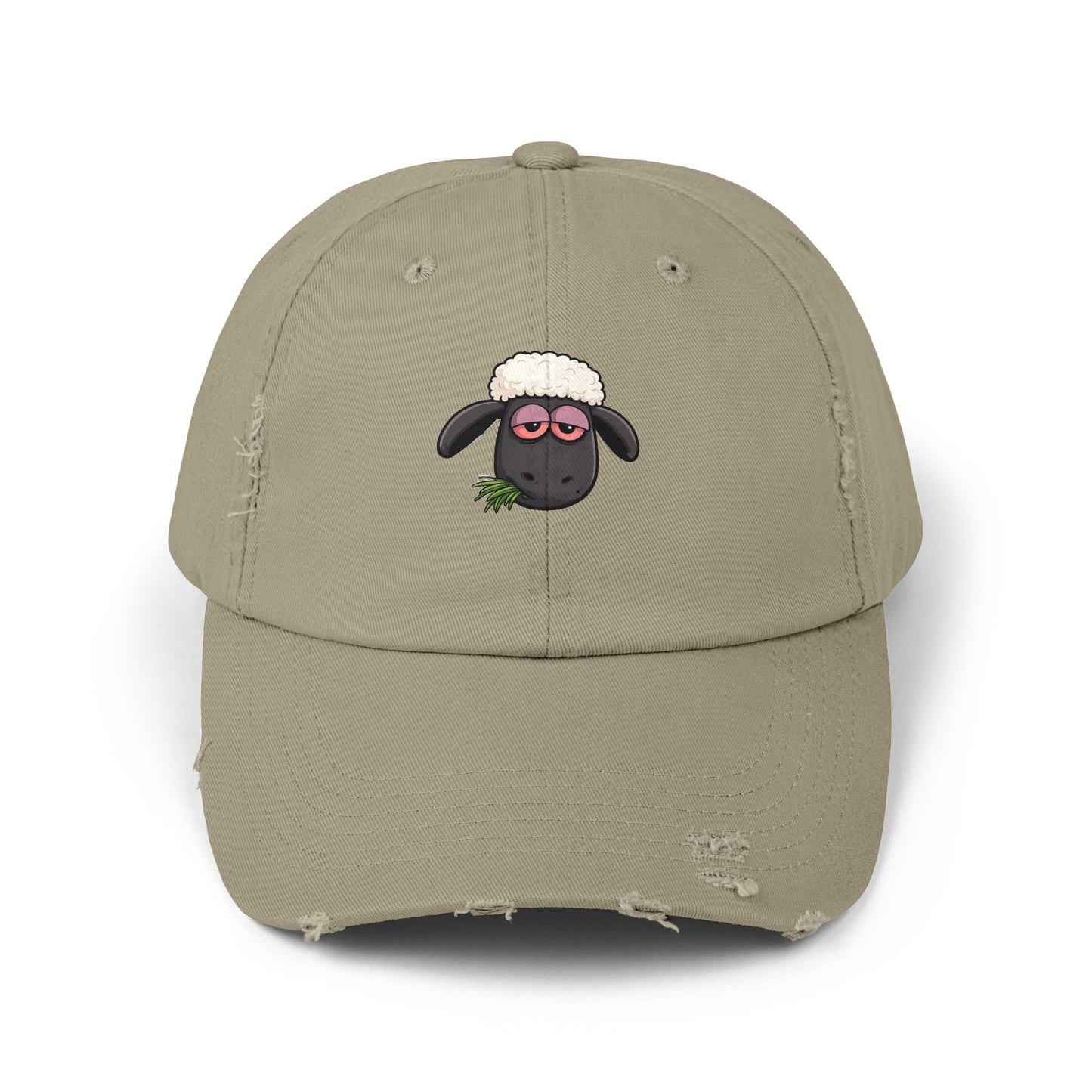 Distressed Black Cap with Sleepy Sheep Embroidery