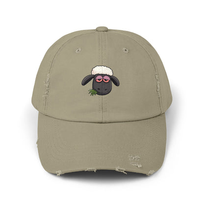 Distressed Black Cap with Sleepy Sheep Embroidery