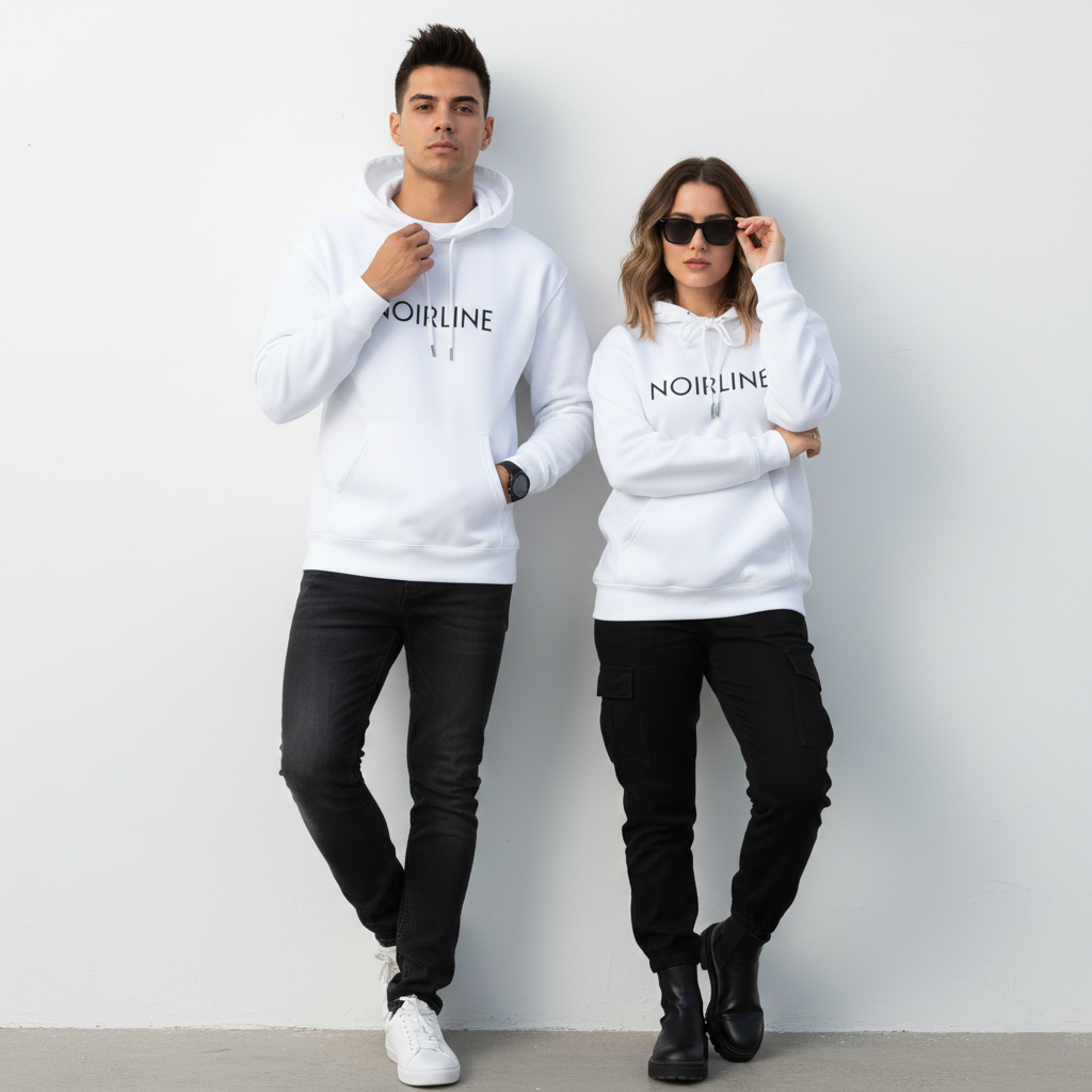 Noirline Hoodie — White Graphic Hoodie with 'NOIRLINE' Front Text