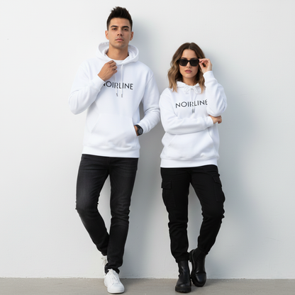 Noirline Hoodie — White Graphic Hoodie with 'NOIRLINE' Front Text
