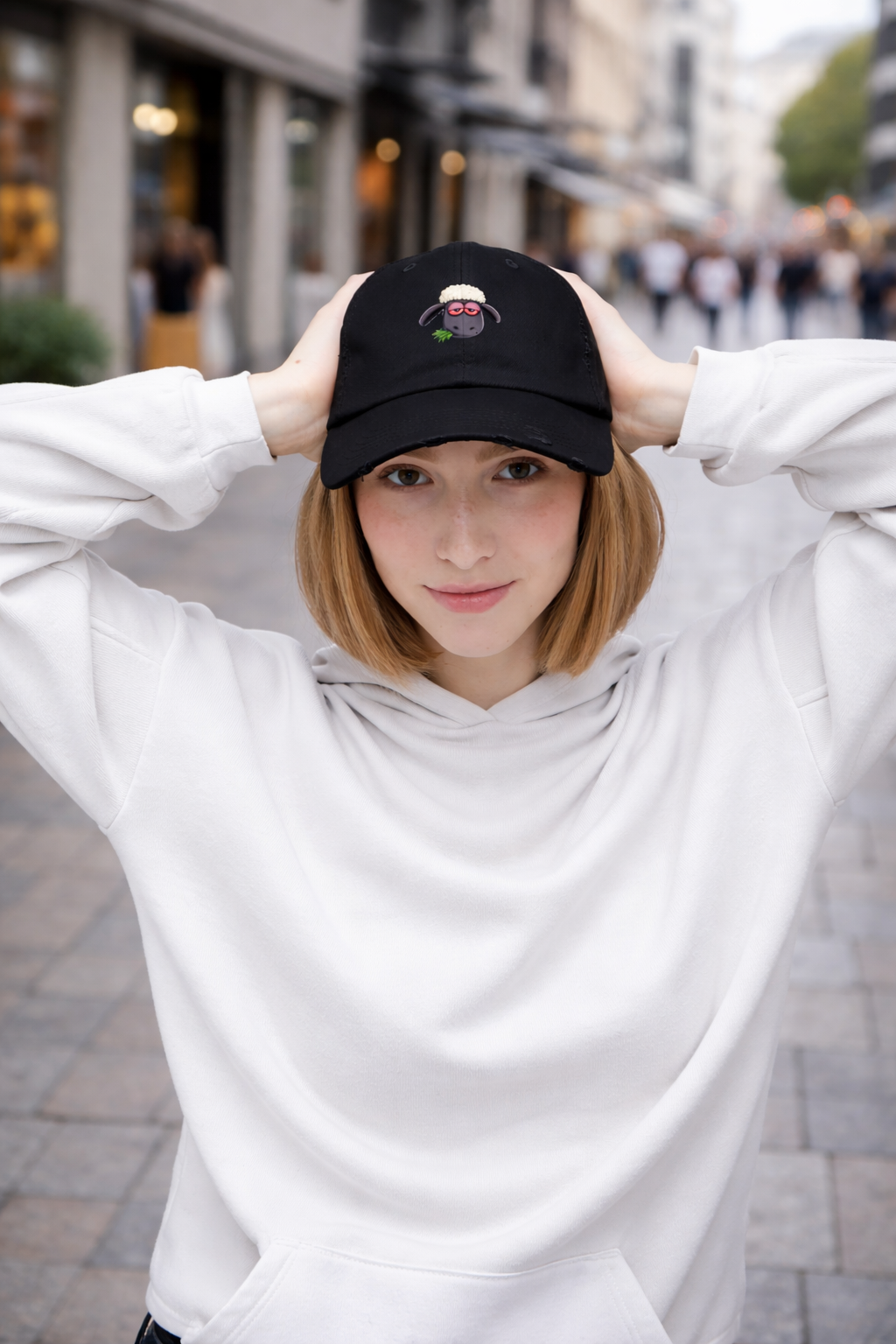 Distressed Black Cap with Sleepy Sheep Embroidery