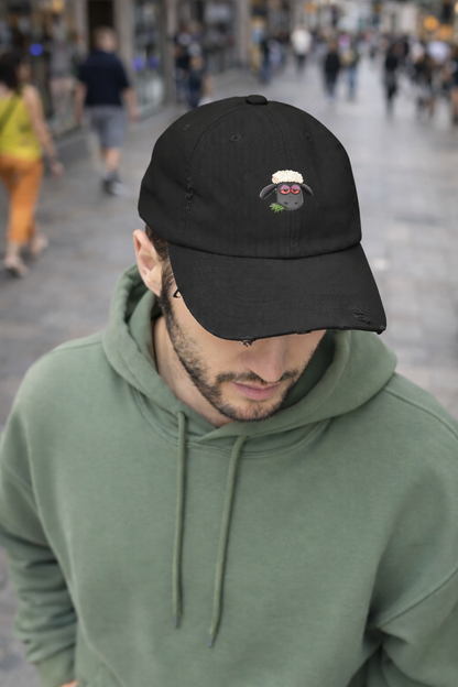 Distressed Black Cap with Sleepy Sheep Embroidery