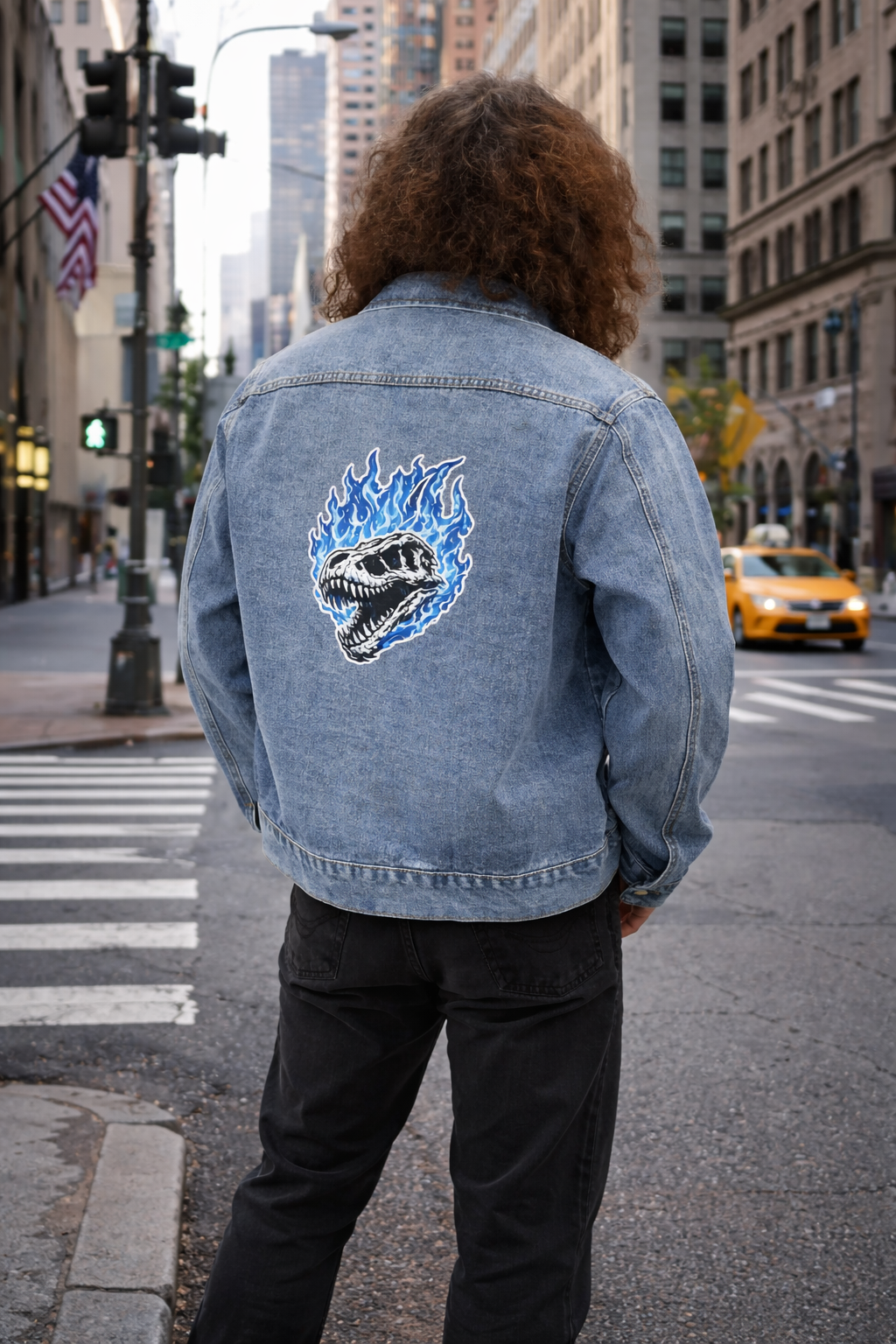 Men's Denim Jacket with Burninng T-Rex skull Patch