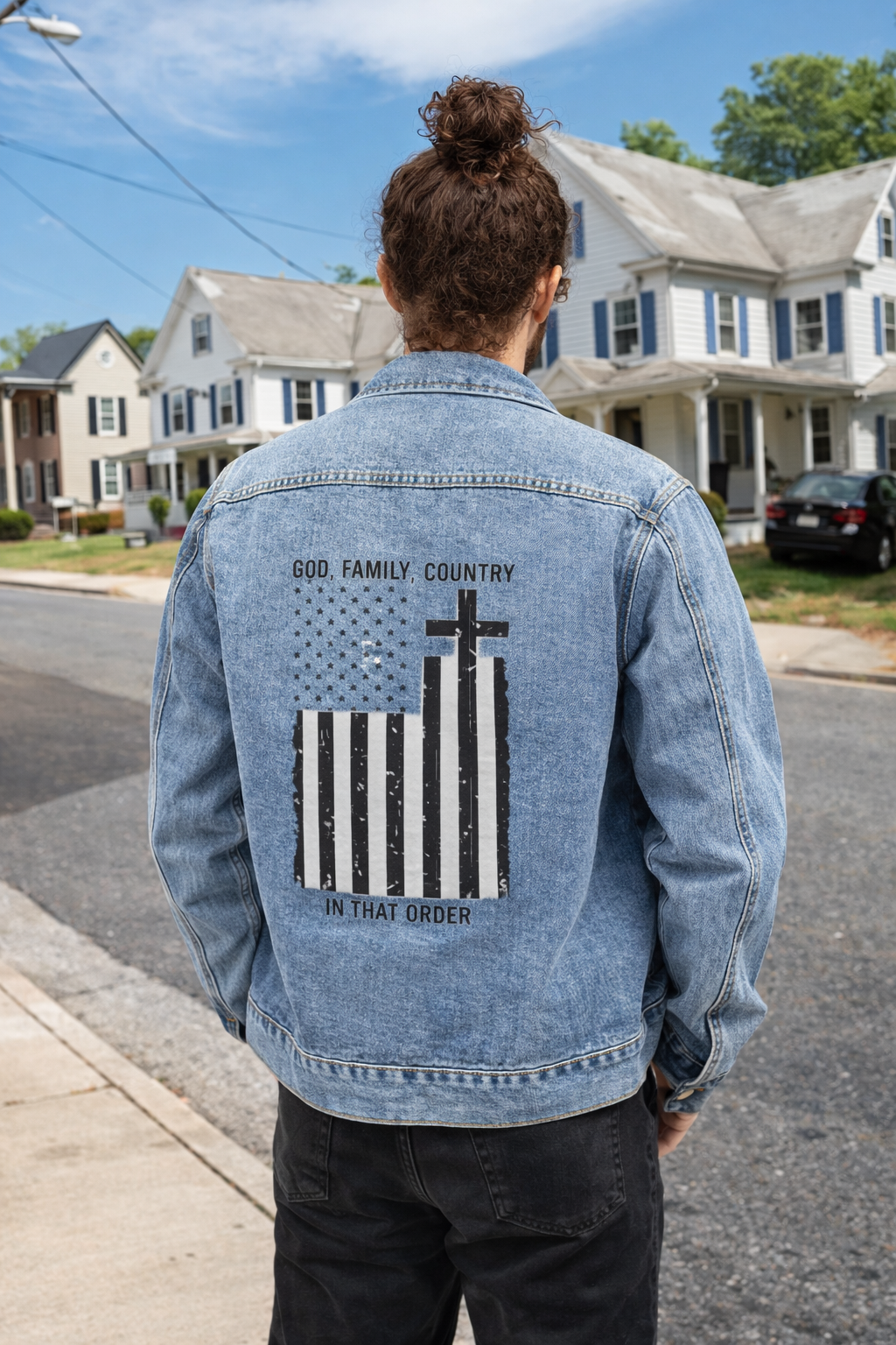 Denim Jacket — Striped Cross Back Graphic
