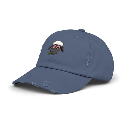 Distressed Black Cap with Sleepy Sheep Embroidery