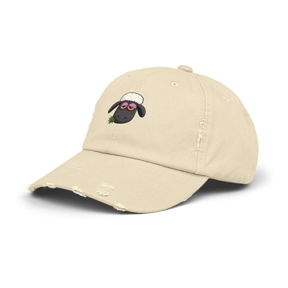 Distressed Black Cap with Sleepy Sheep Embroidery