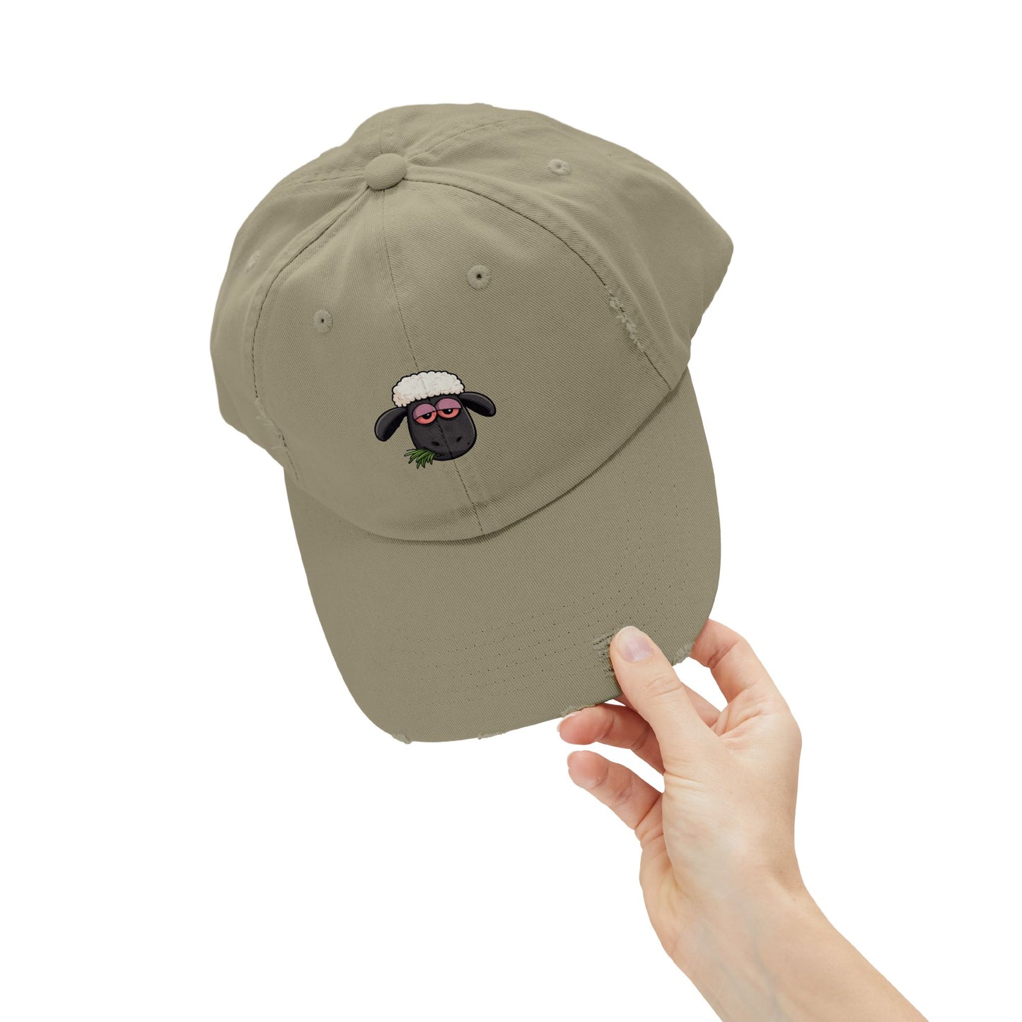 Distressed Black Cap with Sleepy Sheep Embroidery