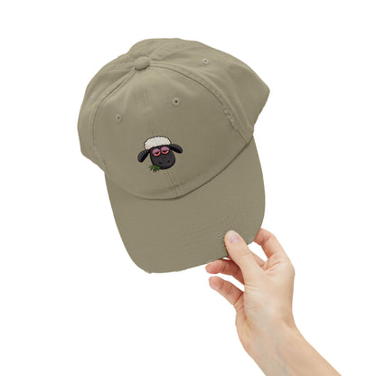 Distressed Black Cap with Sleepy Sheep Embroidery