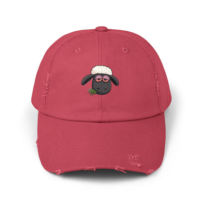 Distressed Black Cap with Sleepy Sheep Embroidery