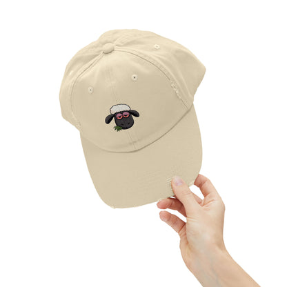 Distressed Black Cap with Sleepy Sheep Embroidery