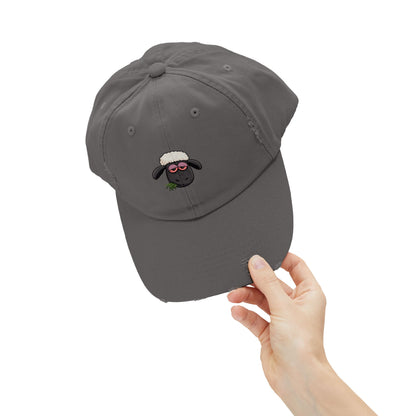 Distressed Black Cap with Sleepy Sheep Embroidery