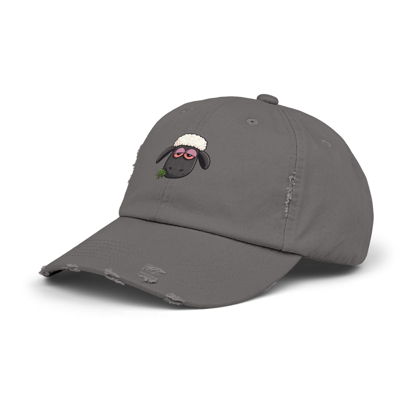 Distressed Black Cap with Sleepy Sheep Embroidery