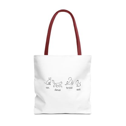 Cat Count Tote — minimalist "un, deux, trois" kitten illustration tote bag