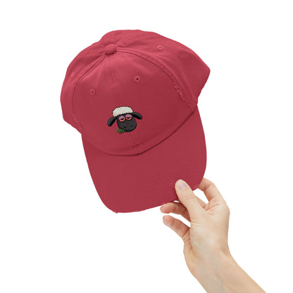 Distressed Black Cap with Sleepy Sheep Embroidery