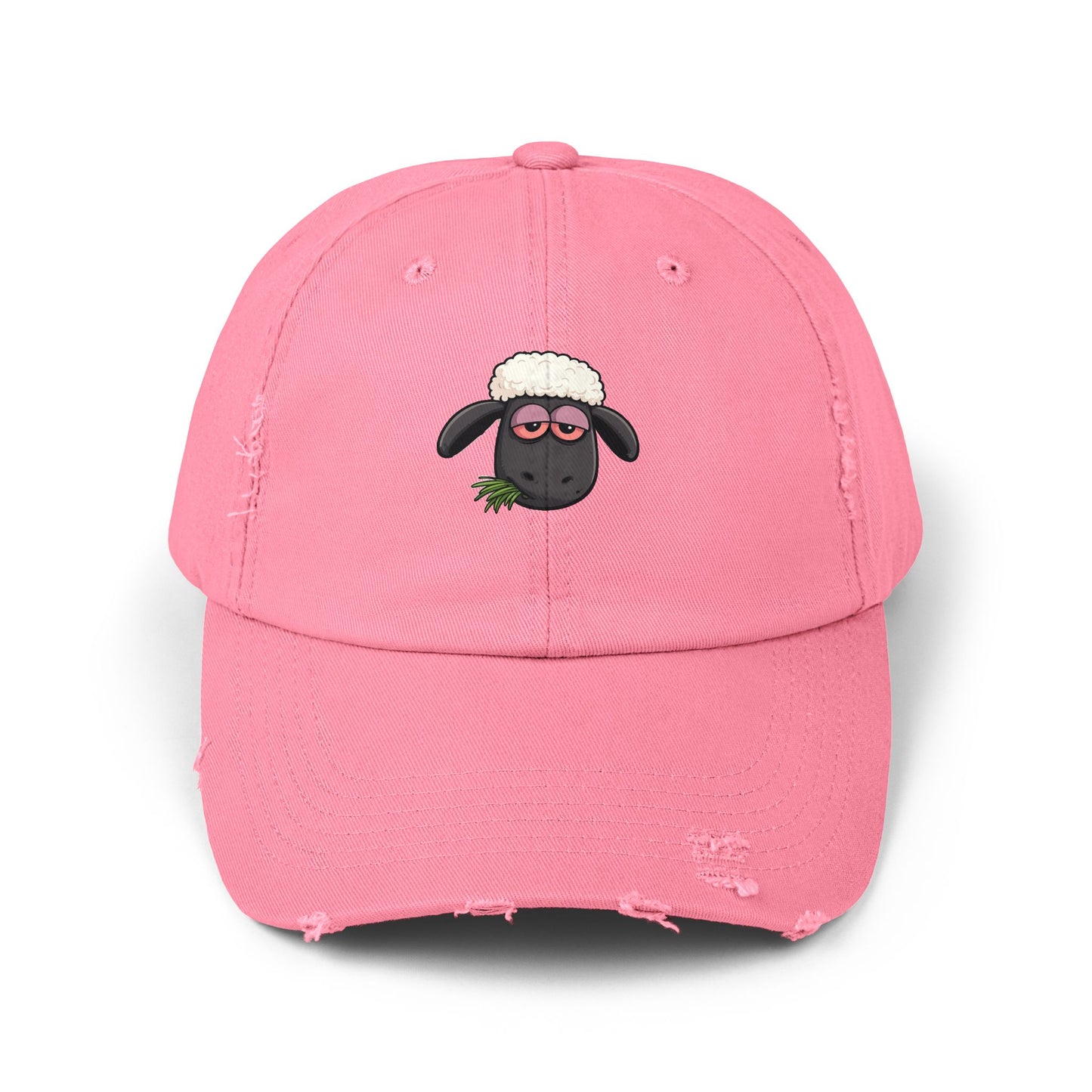 Distressed Black Cap with Sleepy Sheep Embroidery