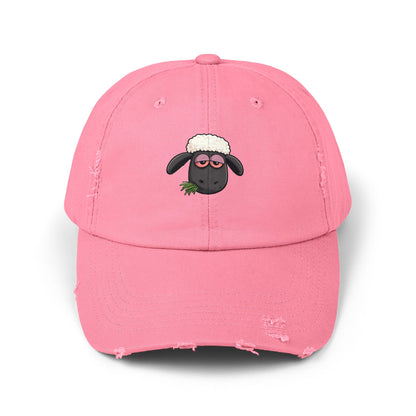Distressed Black Cap with Sleepy Sheep Embroidery