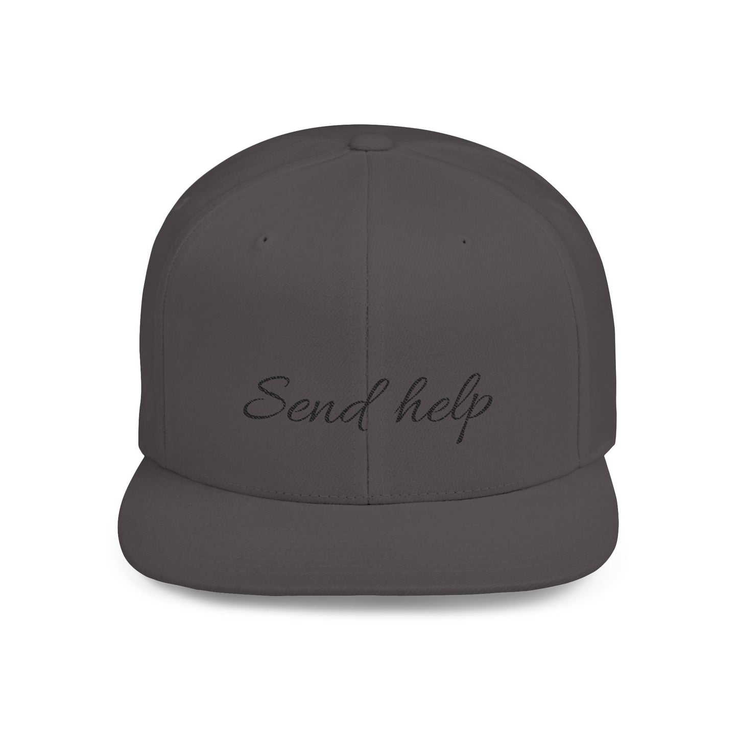 Flat Bill Snapback Hat — "Send help" Script Embroidered Cap