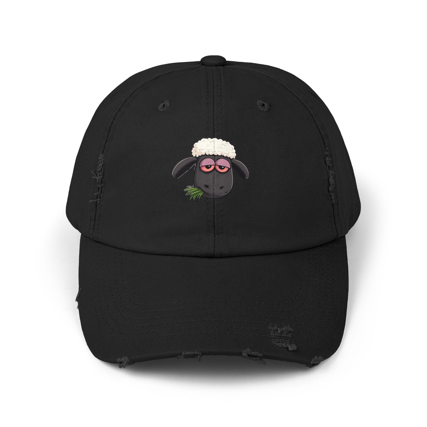 Distressed Black Cap with Sleepy Sheep Embroidery